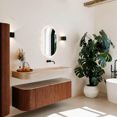 MONDIAZ THOR-DLUX 140cm meuble de salle de bains arrondi gauche + droite couleur Ruby avec 1 tiroir et 2 portes. Vasque suspendue CLOUD droite sans trou de robinet couleur Saba.