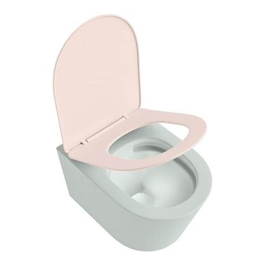 Mondiaz LAVIE hangtoilet – spoelrandloos – 36 x 53 cm – met softclose zitting – Greey (lichtgroen/grijs), zitting Rosee (roze)