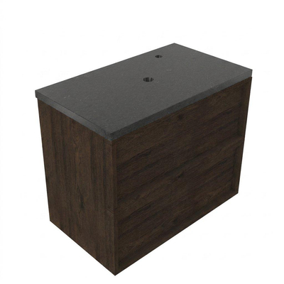 Saniclass Holz Frame Ensemble meuble de salle de bains - 80x45x63cm - Plan vasque en basalte Noche poli (noir) - 1 trou de robinet - 2 tiroirs - chêne charcoal mat (bois)