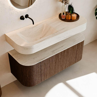 MONDIAZ THOR-DLUX 120cm badmeubel ronding links + rechts kleur Walnut met 1 lade en 2 deuren. Vrijhangende wastafel CLOUD Links zonder kraangat kleur Meli.