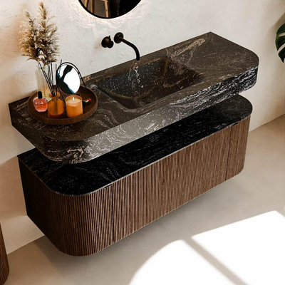 MONDIAZ THOR-DLUX 130cm meuble de salle de bains arrondi gauche + droite couleur Walnut avec 1 tiroir et 2 portes. Vasque suspendue CLOUD Milieu sans trou de robinet couleur Lava.