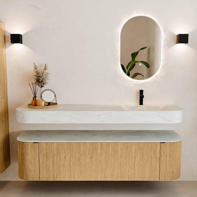 MONDIAZ THOR-DLUX Meuble de salle de bains 170cm arrondi gauche + droite couleur Oak avec 1 tiroir et 2 portes. Vasque suspendue CLOUD Droite 1 trou de robinet couleur Opalo.