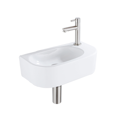 Fugaflow Efficiente Pietra Fonteinset - 40x21.5x12cm - rechts - glad - halfrond - 1 kraangat - keramiek - fonteinkraan geborsteld rvs - afvoerplug - verlaagd sifon - wit glans