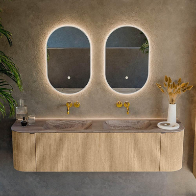 MONDIAZ KURVE-DLUX 170cm badmeubel ronding Links + Rechts kleur Oak met 1 lade en 2 deuren. Wastafel LEAF Dubbel zonder kraangat Oza.