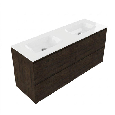 Saniclass Holz Pure Ensemble de meubles de salle de bains - 140x45x61.5cm - lavabo Flow en solid surface blanc - 2 vasques - sans trous de robinetterie - 4 tiroirs - chêne charcoal mat (bois)