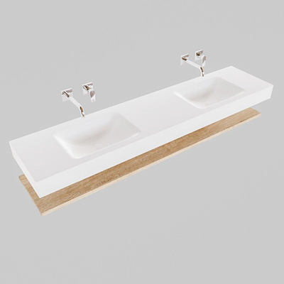 MONDIAZ ALAN 200cm - Ensemble meuble de salle de bains - tablette - chêne blanchi - lavabo suspendu - 2 vasques - 0 trous de robinet - talc