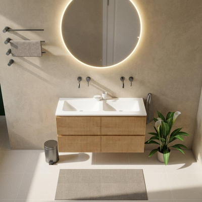 Saniclass Holz Atelier Ensemble meuble de salle de bains - 120x45x77.5cm - Lavabo Torino en solid surface blanc - sans trou de robinet - 2 tiroirs - chêne natural mat (bois)