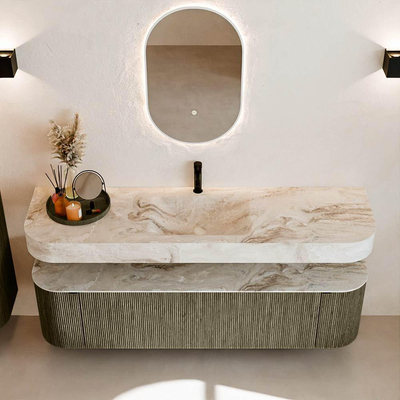 MONDIAZ THOR-DLUX 170cm meuble de salle de bains arrondi gauche + droite couleur Shadow avec 1 tiroir et 2 portes. Vasque suspendue CLOUD Milieu 1 trou de robinet couleur Frappe.