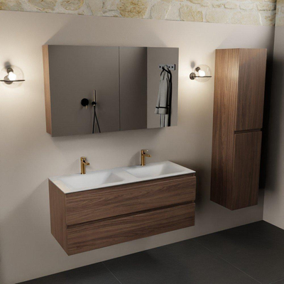 Mondiaz AIVY Ensemble de meuble - 120x45x50cm - 2 trous de robinet - 2 vasques Talc Solid surface - Gauche et droite - 2 tiroirs - avec armoire de toilette - Melamine Mocha