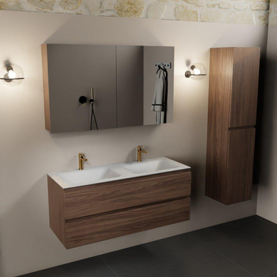 Mondiaz Aivy ensemble de meuble de salle de bains - 120x45x50cm - 2 trous de robinet - 2 vasques talc Solid surface - Gauche et droite - 2 tiroirs - Avec armoire miroir - Mélamine Mocha