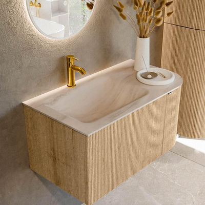 MONDIAZ KURVE-DLUX 85cm badmeubel ronding Rechts kleur Oak met 1 lade en 1 deur. Wastafel CLOUD Links 1 kraangat Meli.