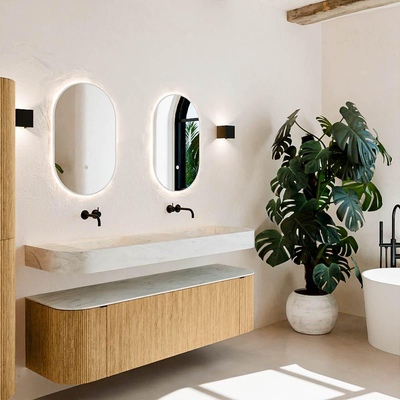 MONDIAZ THOR-DLUX Meuble de salle de bains 160cm arrondi gauche + droite couleur Oak avec 1 tiroir et 2 portes. Vasque suspendue CLOUD Double sans trou de robinet couleur Opalo.