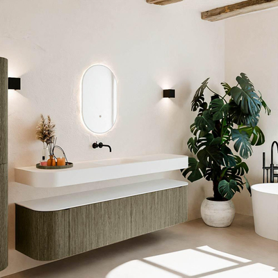 MONDIAZ THOR Meuble de salle de bains 190cm arrondi gauche + droite couleur Shadow avec 2 tiroirs et 2 portes. Vasque suspendue CLOUD Milieu sans trou de robinet couleur Talc.