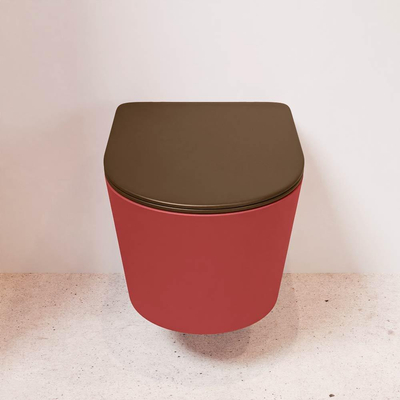 Mondiaz LAVIE hangtoilet – spoelrandloos – 36 x 53 cm – met softclose zitting – Fire (rood), zitting Rust (bruin)
