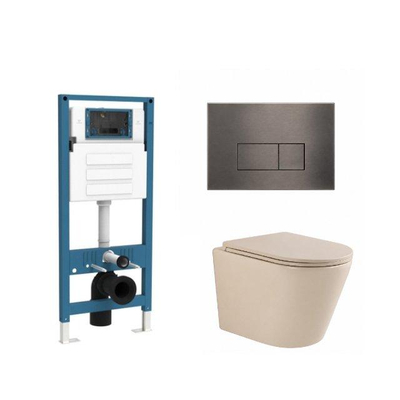 QeramiQ Dely Ensemble de toilette - réservoir encastré Qeramiq Flush - abattant slim - plaque de commande métal gunmetal - boutons rectangulaires - beige