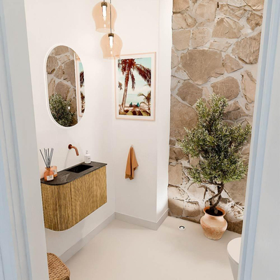 Mondiaz JOYA-DLUX 61.6cm toiletmeubel - ronding links kleur Oak - Wastafel FAYE positie Rechts Zonder kraangat kleur Lava.