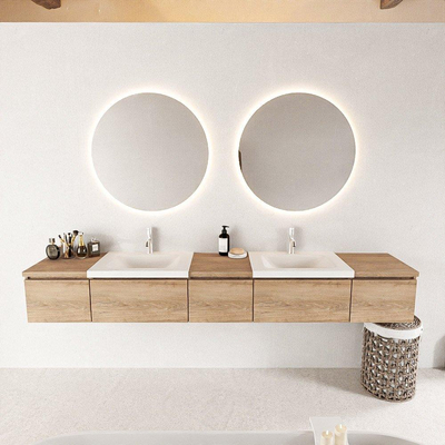 MONDIAZ BUKLA 240cm ensemble de meuble avec module 40 couleur Chêne blanchi avec 5 tiroirs. Lavabo CLOUD double 2 trous de robinet couleur Talc.