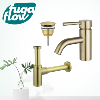 FugaFlow Eccelente Sobrado Badkamer Wastafelkraanset - lage wastafelkraan - always open plug - design sifon - PVD Geborsteld Messing