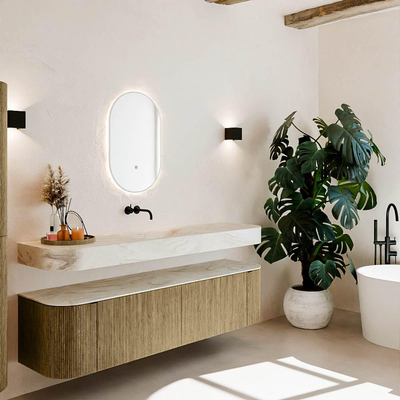 MONDIAZ THOR-DLUX Meuble de salle de bains 180cm arrondi gauche + droite couleur Dusk avec 2 tiroirs et 2 portes. Vasque suspendue CLOUD Milieu sans trou de robinet couleur Ostra.