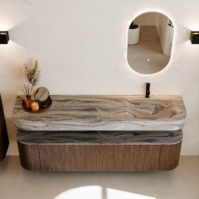 MONDIAZ THOR-DLUX 180cm badmeubel ronding links + rechts kleur Walnut met 2 lades en 2 deuren. Vrijhangende wastafel CLOUD Rechts 1 kraangat kleur Sombra.