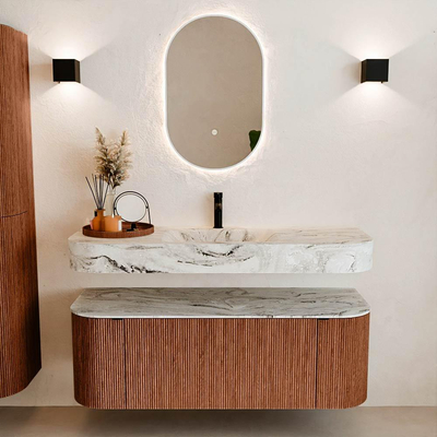 MONDIAZ THOR-DLUX 130cm meuble de salle de bains arrondi gauche + droite couleur Ruby avec 1 tiroir et 2 portes. Vasque suspendue CLOUD Milieu 1 trou de robinet couleur Glace.