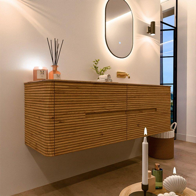 Mondiaz CIRO-DLUX Meuble de salle de bains - 150x45x50cm - Plan vasque solid surface Arena - 1 vasque à droite - sans trous de robinetterie - 4 tiroirs - Chêne