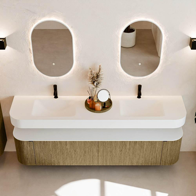 MONDIAZ THOR 200cm meuble de salle de bains arrondi gauche + droite couleur Dusk avec 2 tiroirs et 2 portes. Vasque suspendue CLOUD Double 2 trous de robinet couleur Talc.