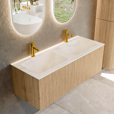 MONDIAZ KURVE-DLUX 120cm Meuble salle de bain - couleur Oak - 1 tiroir - vasque LEAF double - 2 trous de robinet - couleur Ostra