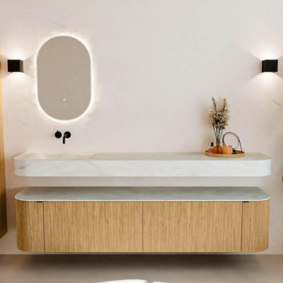 MONDIAZ THOR-DLUX Meuble de salle de bains - 200cm - arrondi gauche + droite - couleur Oak - 2 tiroirs - 2 portes - Vasque suspendue CLOUD Gauche sans trou de robinet - couleur Opalo