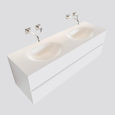 MONDIAZ VICA Ensemble de meuble salle de bain - 150cm - 2 tiroirs - lavabo Moon double - 0 trous de robinet - solid surface talc