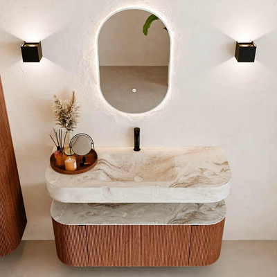 MONDIAZ THOR-DLUX 120cm meuble de salle de bains arrondi gauche + droite couleur Ruby avec 1 tiroir et 2 portes. Vasque suspendue CLOUD Milieu 1 trou de robinet couleur Frappe.