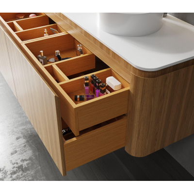 Saniclass Terra Ensemble meuble de salle de bain - 140x42x45,5 cm - lavabo céramique blanc brillant - 2 vasques - 4 tiroirs - Sandwood (chêne clair)