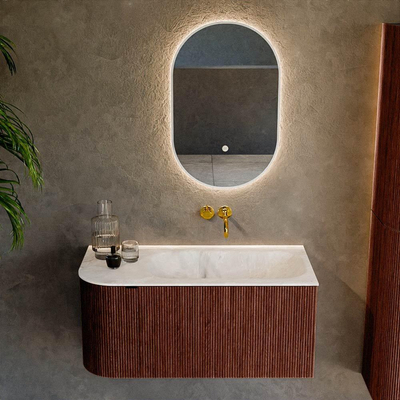 Mondiaz KURVE-DLUX Ensemble meuble de salle de bains - 95x46x40cm - 1 tiroir - 1 porte - lavabo solid surface - droit - sans trou de robinet - Ruby