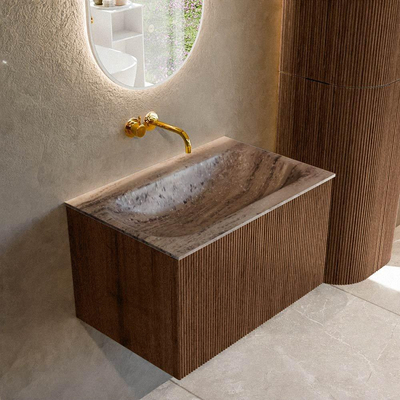 MONDIAZ KURVE-DLUX Meuble de salle de bains 70cm couleur Walnut avec 1 tiroir et 0 porte. Lavabo BIG SMALL Central sans trou de robinet Oza.