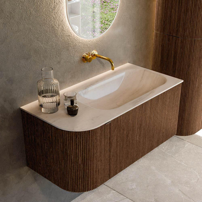 MONDIAZ KURVE-DLUX 95cm badmeubel ronding Links kleur Walnut met 1 lade en 1 deur. Wastafel BIG SMALL Rechts zonder kraangat Meli.