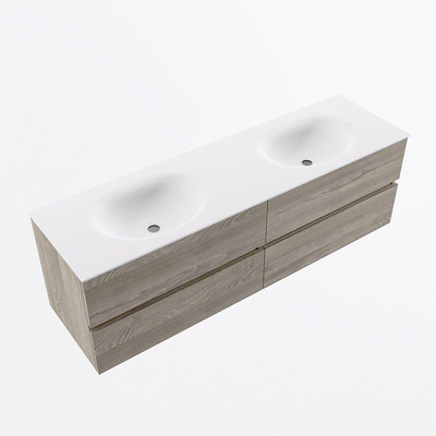 Mondiaz Vica ensemble de meuble de salle de bain - 160cm - meuble sous-vasque marron clair gris - 4 tiroirs - lavabo lune double - 2 trous de robinet - version haute de 60cm - talc