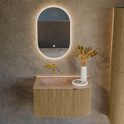 MONDIAZ KURVE-DLUX meuble de salle de bains 75cm arrondi à droite couleur Dusk avec 1 tiroir et 1 porte. Lavabo GRUNNE à gauche sans trou de robinet Saba.