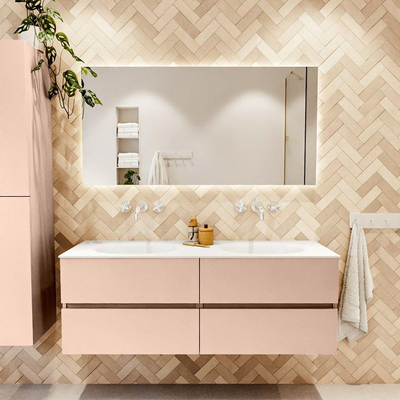 Mondiaz VICA ensemble de meuble de salle de bain - 140cm - meuble sous-vasque rosee - 4 tiroirs - lavabo moon double - sans trous de robinet - version haute de 60cm - talc