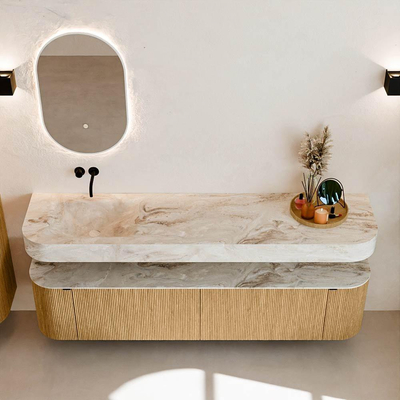 MONDIAZ THOR-DLUX 190cm meuble de salle de bains arrondi gauche + droite couleur Oak avec 2 tiroirs et 2 portes. Vasque suspendue CLOUD Gauche sans trou de robinet couleur Frappe.