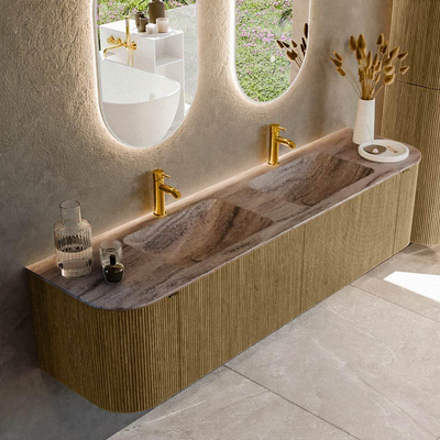 MONDIAZ KURVE-DLUX meuble de salle de bains 180cm arrondi gauche + droite couleur Dusk avec 2 tiroirs et 2 portes. Lavabo LEAF double 2 trous de robinet Oza.