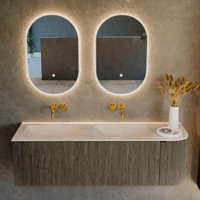 MONDIAZ KURVE-DLUX Meuble de salle de bains 145cm arrondi à droite couleur Shadow avec 1 tiroir et 1 porte. Lavabo LEAF Double / Gauche sans trou de robinet Meli.