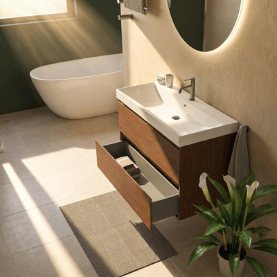 Saniclass Holz Pure Ensemble de meubles de salle de bains - 100x45x67.5cm - lavabo Wave en céramique - 1 vasque - 1 trou de robinetterie - 2 tiroirs - walnut pure mat (bois)