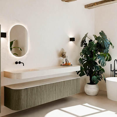 MONDIAZ THOR-DLUX 200cm meuble de salle de bains arrondi gauche + droite couleur Shadow avec 2 tiroirs et 2 portes. Vasque suspendue CLOUD Gauche sans trou de robinet couleur Meli.