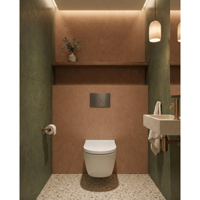 QeramiQ Dely Toiletset - 36.3x51.7cm - diepspoel - rimless - Geberit UP320 inbouwreservoir - met Burda frame - softclose toilet zitting - 35mm - gunmetal bedieningsplaat - ronde knoppen - glans wit