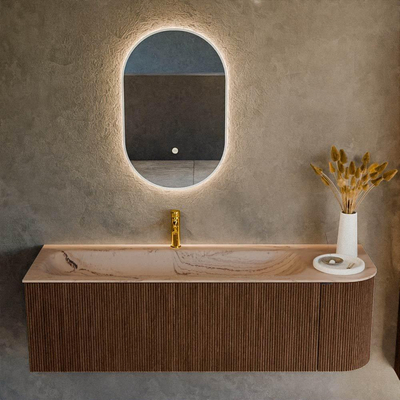 MONDIAZ KURVE-DLUX 145cm badmeubel ronding Rechts kleur Walnut met 1 lade en 1 deur. Wastafel BIG LARGE Links 1 kraangat Arena.