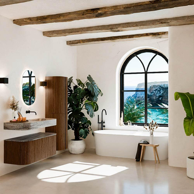 MONDIAZ THOR-DLUX 110cm meuble de salle de bains arrondi gauche + droite couleur Walnut avec 1 tiroir et 2 portes. Vasque suspendue CLOUD Droite sans trou de robinet couleur Oza.