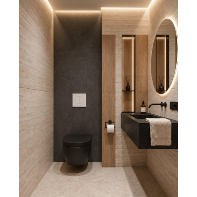 QeramiQ Dely Swirl Toiletset - 36.5x53cm - Wisa XS inbouwreservoir - 35mm zitting - witte bedieningsplaat - ronde knoppen - zwart mat