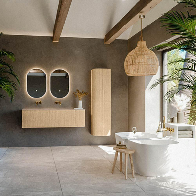 MONDIAZ KURVE-DLUX Meuble de salle de bains 145cm arrondi à droite couleur Chêne avec 1 tiroir et 1 porte. Lavabo BIG LARGE à gauche sans trou de robinet Arena.