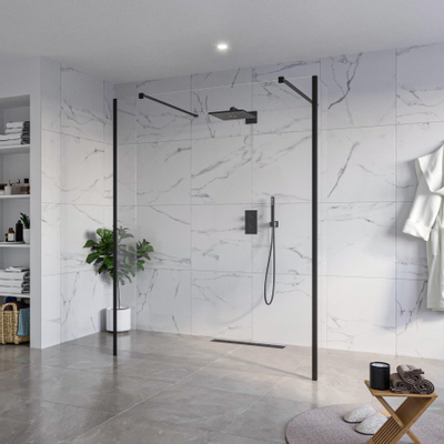Fortifura Galeria Vrijstaande Inloopdouche - 160x200cm - helder - antikalk - 8mm veiligheidsglas - 2 zijwanden - 40cm - wandsteunen en hoekprofielen - mat zwart