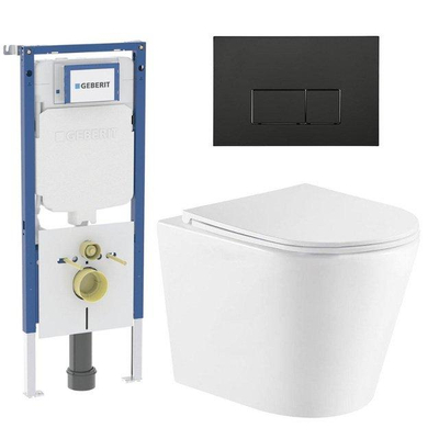 QeramiQ Dely Toiletset - 36.3x51.7cm - Geberit UP720 inbouwreservoir - rimless - diepspoel - zitting - softclose - kunststoffen bedieningsplaat mat zwart - rechthoekige knoppen - mat wit